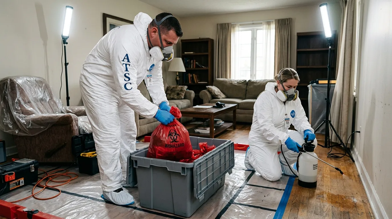 Professional Biohazard Cleanup technician in full PPE working in Huntington Beach